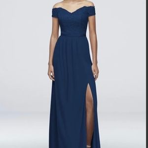 BRAND NEW David’s Bridal Blue Off the Shoulder Lace Mesh Bridesmaid Dress Size10